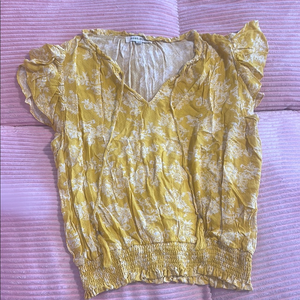 Anthropologie Yellow and White Puff Sleeve Blouse